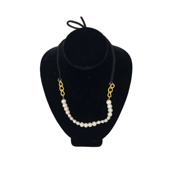 Freshwater Pearl Gold Chain Leather Tie Necklace - Picture 2 of 2